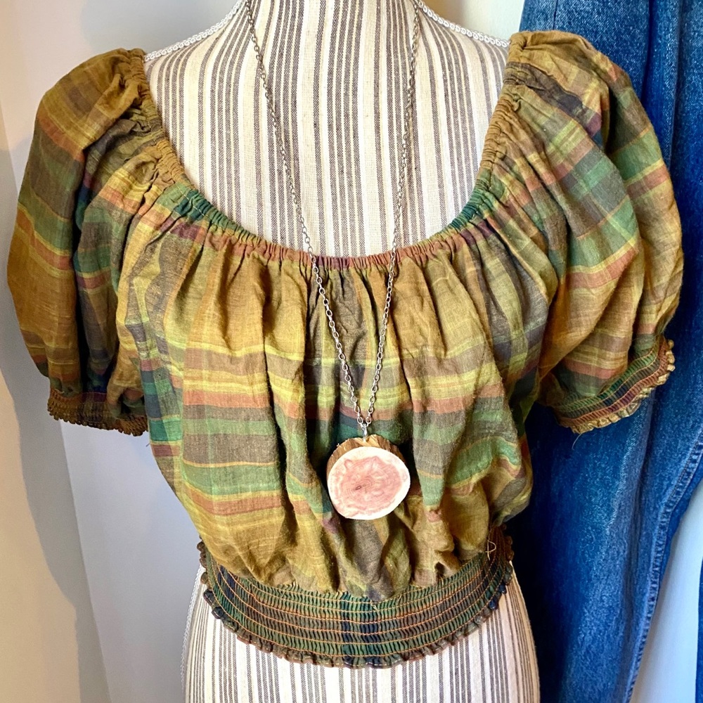 Vintage plaid puff sleeve crop top